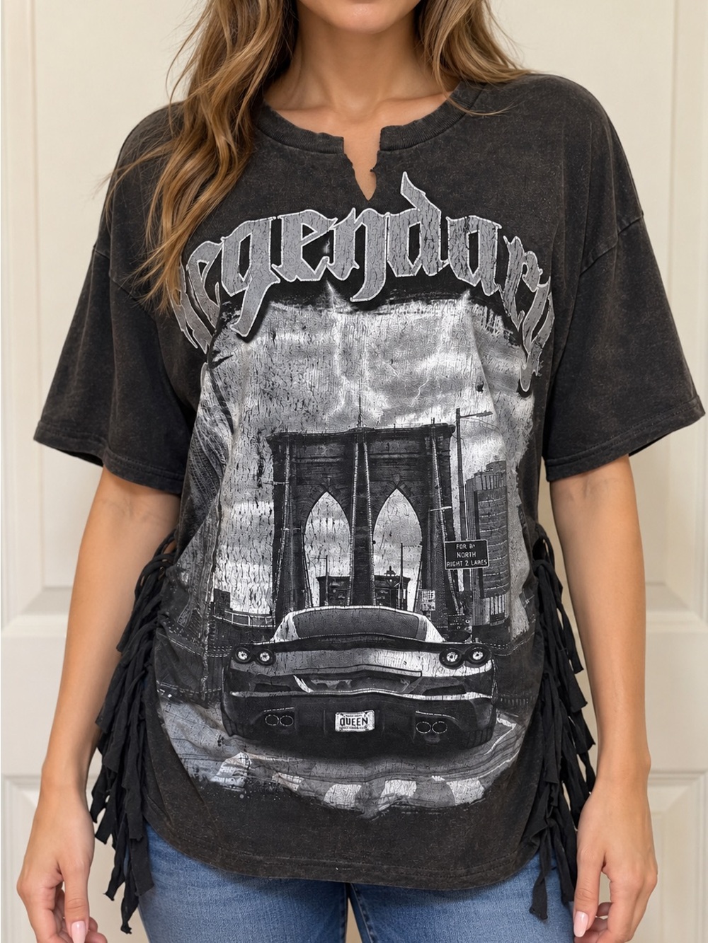 Upcycled LEGENDARY Graphic Fringe-Side Black Short Sleeve Tee size L/XL